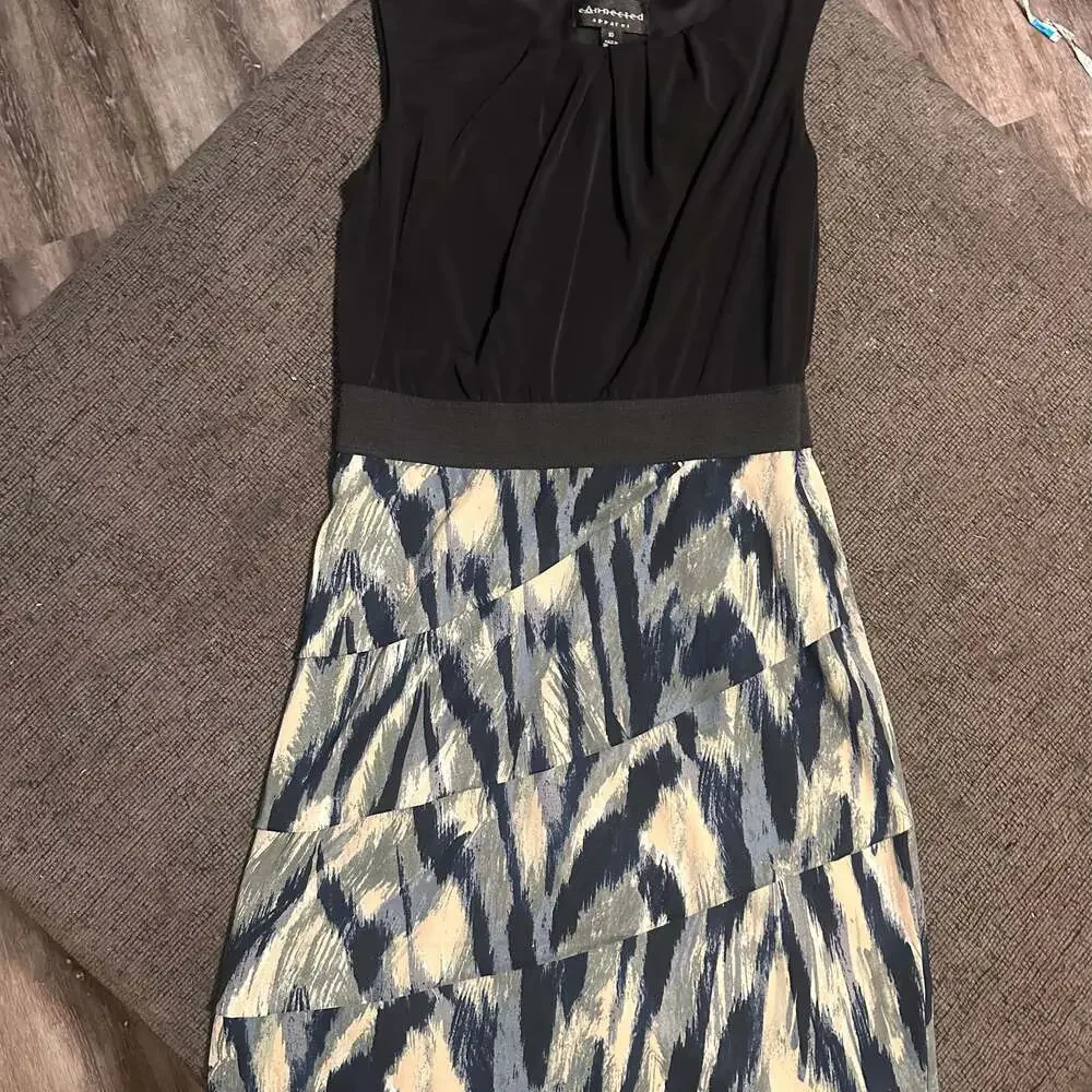 Connected Apparel Black & Blue Sleeveless Dress – Tiered Skirt, Ikat Print